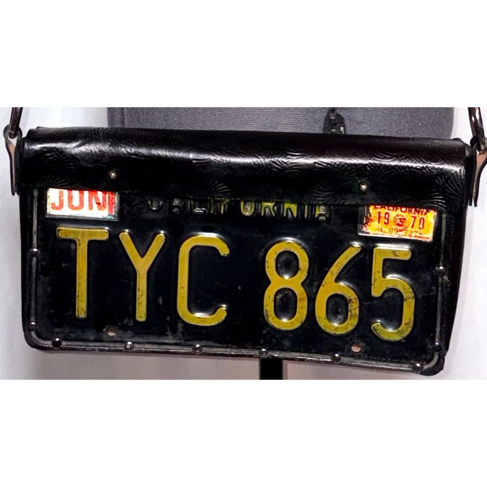 Vtg California License Plate Purse Black Leather Crossbody Flap Bag STAINED
